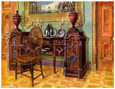 Credenza con piedistallo in mogano intagliato e sedia ovale con schienale a ruota da Edwin Foley