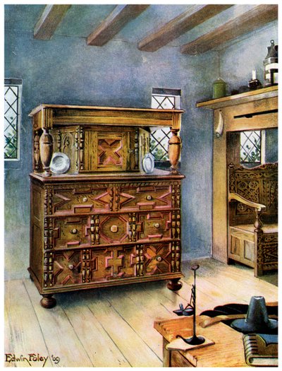 La credenza Putnam in quercia inglese e cedro, e panca scolpita in quercia americana, 1910 da Edwin Foley