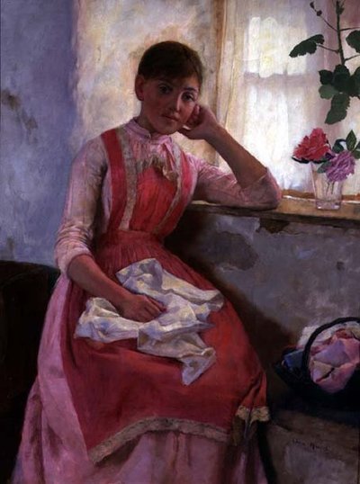 Ritratto di una ragazza con grembiule rosa da Edwin Harris