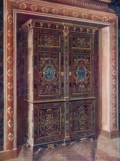 Armadio in ebano con intarsi di ottone inciso e metallo bianco. Montature in bronzo dorato. Il monogramma reale di L