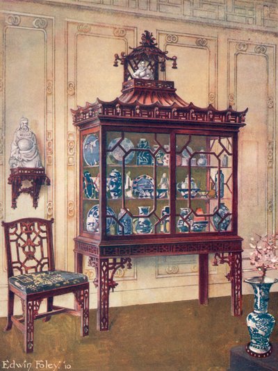 Cassa cinese scolpita nello stile cinese di Chippendale e una sedia cinese di Chippendale da Edwin John Foley