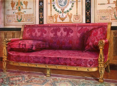 Divano intagliato e dorato coperto in broccato di rose di Lione da Edwin John Foley
