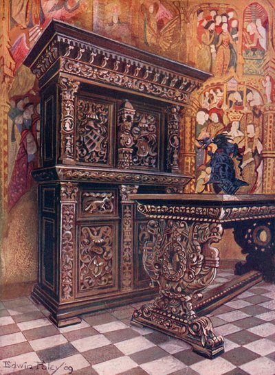 Armadio in quercia scolpita, con il cifrario di Lambert Suavius di Liegi. Tavolo in quercia scolpita da Edwin John Foley