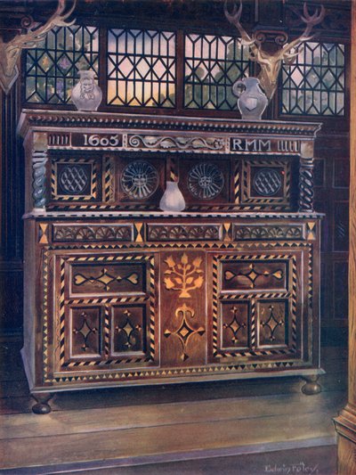 Credenza scolpita e intarsiata in quercia da Edwin John Foley