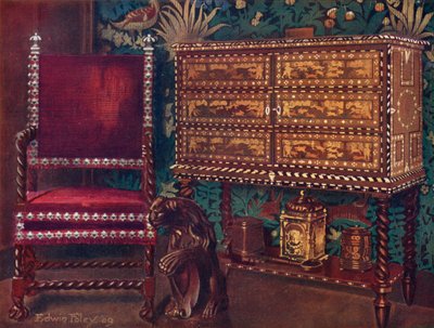 Gruppo di mobili continentali della fine del XVI secolo: Armadio portoghese di castagno, intarsiato con avorio, ebano e legni colorati, sedia a braccioli a spirale da Edwin John Foley