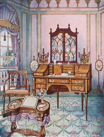 Cilindro in mogano intarsiato e libreria. Tavolo da disegno e scrittura in satinwood a forma di 