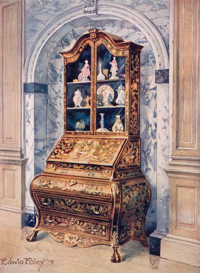 Bureau-cabinet bombato in noce intarsiato da Edwin John Foley