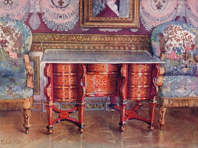 Tavolo da scrittura con ginocchiere in tartaruga rossa e lacca con piano in acciaio. Boulle. Poltrone dorate, rivestite in arazzo da Edwin John Foley