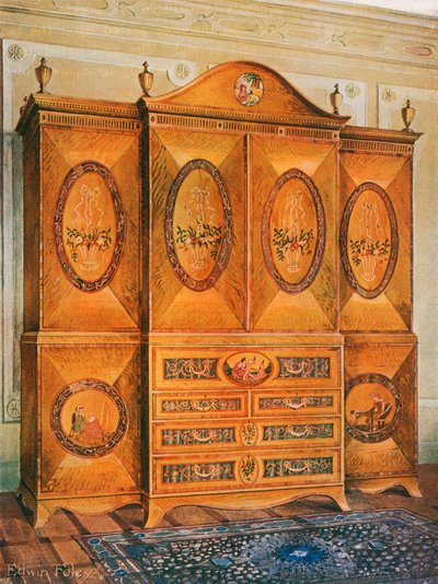 Guardaroba in legno di satin, intarsiato con legno di tulipano, legno di lepre, agrifoglio, ebano, mogano e altri legni da Edwin John Foley