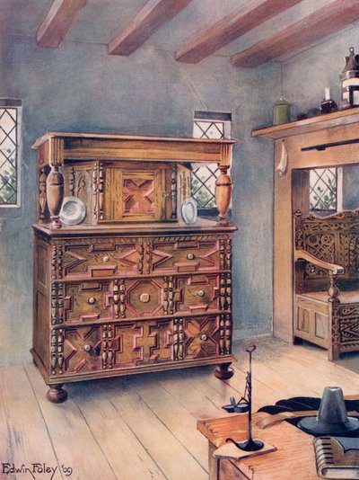 La credenza Putnam di quercia inglese e cedro. Panca scolpita di quercia americana da Edwin John Foley