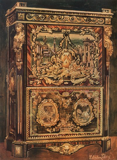 Secretaire verticale intarsiato in vari legni, con montature in bronzo fuso, cesellato e dorato da Edwin John Foley