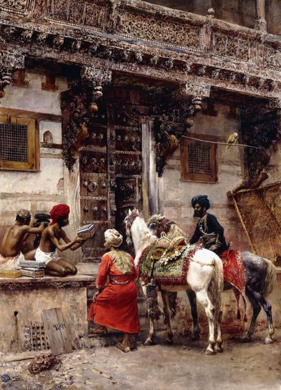 Artigiano che vende casse vicino a un edificio in legno di teak, Ahmedabad da Edwin Lord Weeks