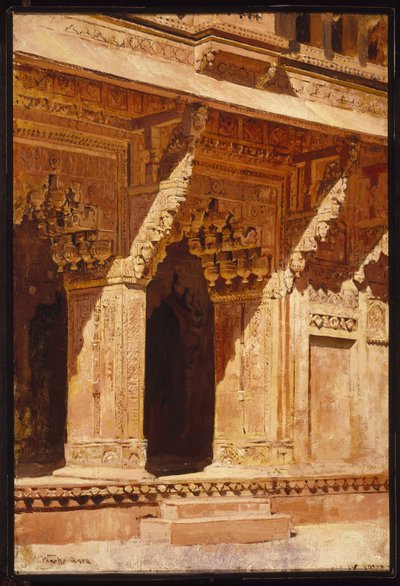 Architetture in arenaria rossa curiosamente lavorate, Forte Agra, India, c.1885-95 da Edwin Lord Weeks