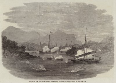 Barche della cannoniera HM Flamer che distruggono giunche pirata cinesi nella baia di Cho-Kee da Edwin Weedon