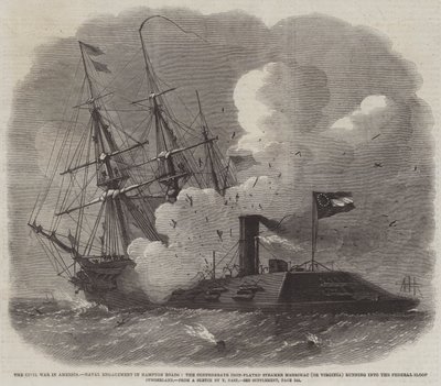 La Guerra Civile in America, Scontro Navale a Hampton Roads, il Vapore Corazzato Confederato Merrimac (o Virginia) contro il Brigantino Federale Cumberland da Edwin Weedon