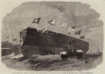 La nuova flotta corazzata, varo della nave a vapore a vite di Sua Maestà Minotauro 50 cannoni, dal cantiere della Thames Iron Shipbuilding Company a Blackwall da Edwin Weedon