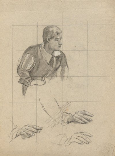 Uomo seduto e studio delle mani, schizzo per la firma del patto nella cabina del Mayflower da Edwin White