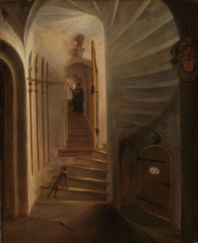 Portale di una torre di scale, con un uomo che scende le scale: presumibilmente il momento prima dell