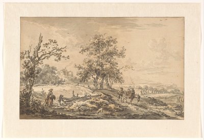 Donna con bambino e uomo con asino in paesaggio da Egbert van Drielst