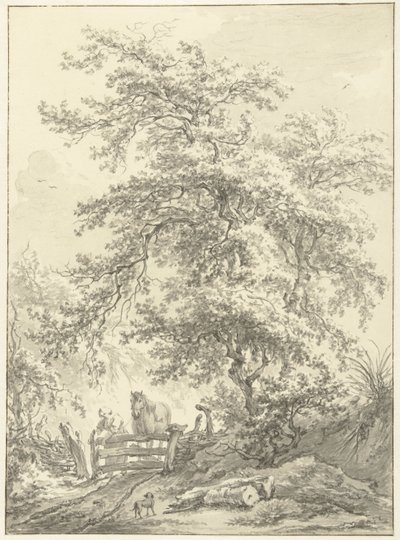 Donna con cavallo vicino a un cancello sotto un grande albero da Egbert van Drielst