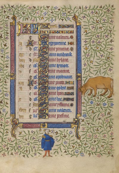 Pagina del calendario di aprile; Raccogliere i fiori; Toro da Egerton Master