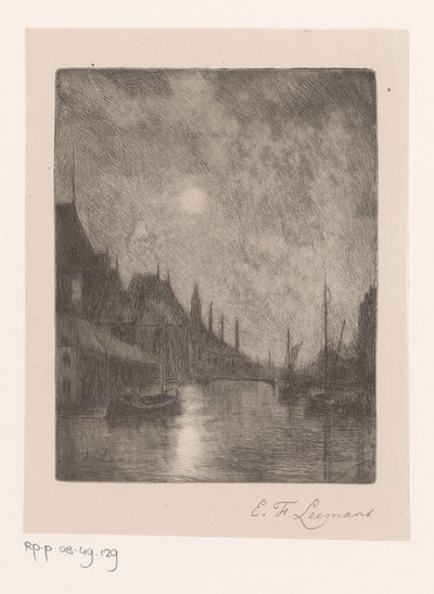 Veduta fluviale in una città di notte da Egide François Leemans (signed by artist)