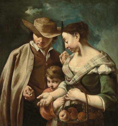 Un venditore di frutta e un ragazzo, con un cesto di pesche, pere e uva, in un paesaggio, con un uomo che tiene un fucile e una moneta, c.1705-84 da Egidio (attr.to) Dall