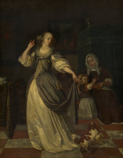 Signora che gioca con un cane da Eglon van der Neer