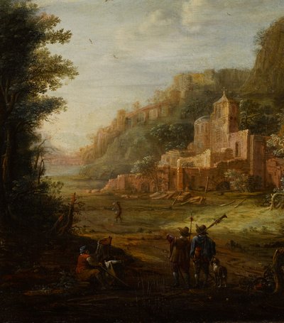 Paesaggio boscoso con due cacciatori all