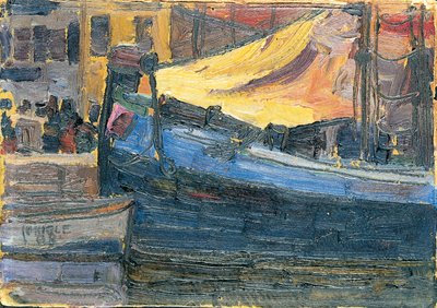 Barche ancorate con un muro di casa sullo sfondo, 1908 da Egon Schiele