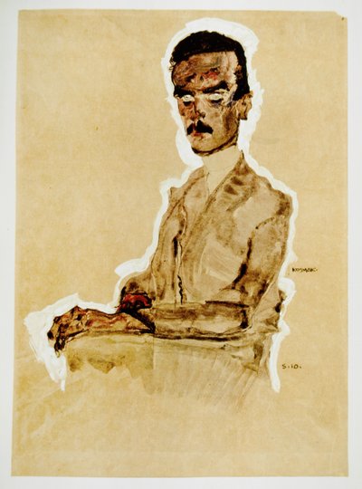 Bildnis Eduard Kosmack, sitzend - Ritratto di Eduard ... (gouache, acquerello e pastello nero con lumeggiatura bianca) da Egon Schiele