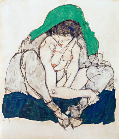 Donna accovacciata con fazzoletto verde da Egon Schiele