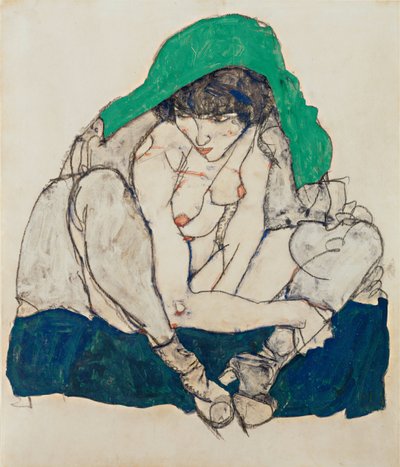 Donna accovacciata con foulard verde da Egon Schiele