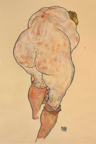 Nudo Femminile che Si Tira su le Calze, Vista da Dietro, 1918 da Egon Schiele