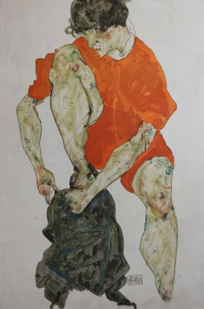 Modella femminile in una veste rossa da Egon Schiele