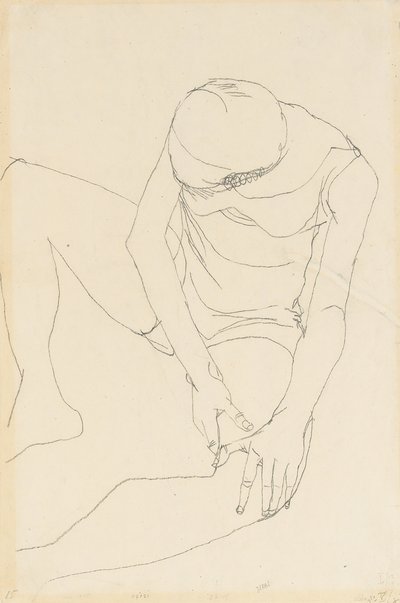 Nudo femminile piegato in avanti, entrambe le mani sulla coscia sinistra, 1913 da Egon Schiele