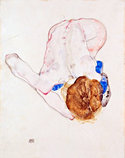 Donna nuda con calze blu, piegata in avanti da Egon Schiele