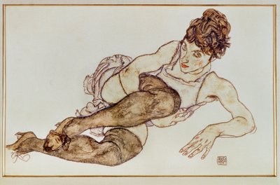 Donna con calze marroni - Donna ... (gouache e pastello nero) da Egon Schiele