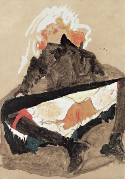 Ragazza in abito nero con le gambe divaricate, 1910 da Egon Schiele
