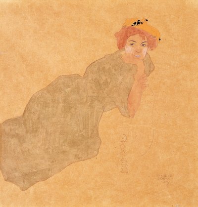 Ragazza in abito color oliva con braccio appoggiato da Egon Schiele