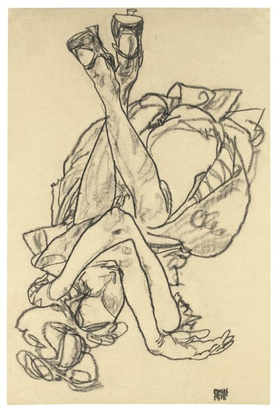 Ragazza sdraiata sulla schiena con braccia e gambe incrociate, 1918 da Egon Schiele