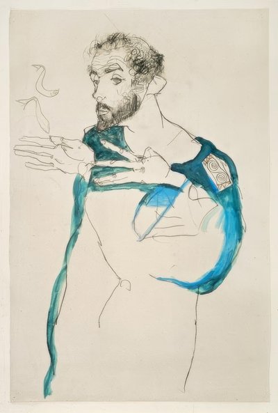 Gustav Klimt con la sua casacca da lavoro blu da Egon Schiele
