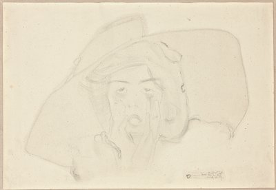 Testa di una giovane donna che urla con un grande cappello, mento sostenuto dalle mani da Egon Schiele
