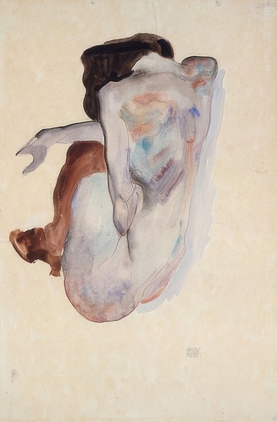 Nudo accovacciato con scarpe e calze nere, vista posteriore da Egon Schiele