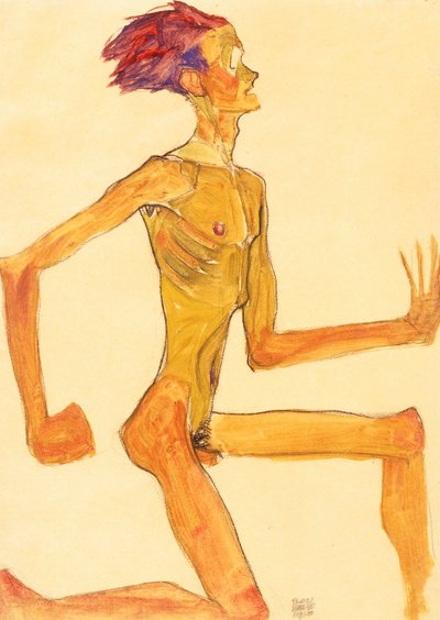 Uomo nudo inginocchiato, di profilo a destra da Egon Schiele