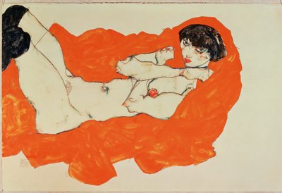 Nudo femminile reclinato su tela rossa - Reclining ... (guazzo e pastello nero) da Egon Schiele