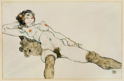Nudo femminile reclinato a gambe aperte ... (guazzo e matita) da Egon Schiele