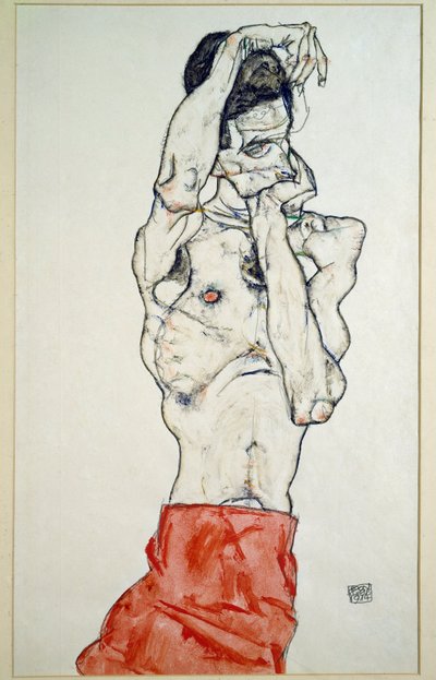 Nudo maschile con lenzuolo rosso da Egon Schiele