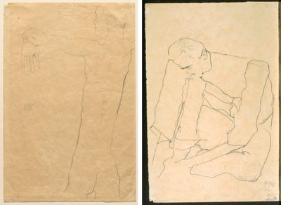 Uomo nudo con le braccia alzate (recto) Uomo seduto (verso) da Egon Schiele