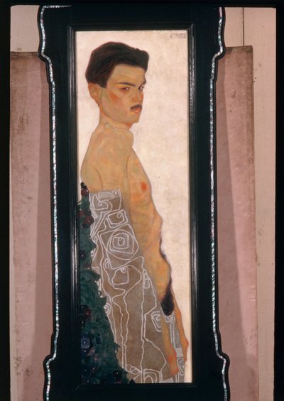 Autoritratto nudo con drappeggio ornamentale ... (olio e vernice metallizzata) da Egon Schiele